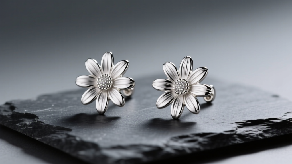 Sterling silver daisy flower earrings on dark slate, highlighting detailed petal textures under soft, directional studio lighting.