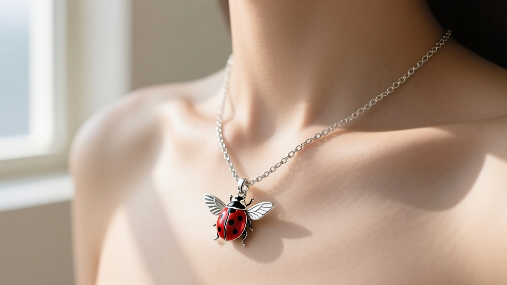 Sterling silver box chain with a ladybug pendant, showing the clasp and drape against a collarbone in soft natural daylight.