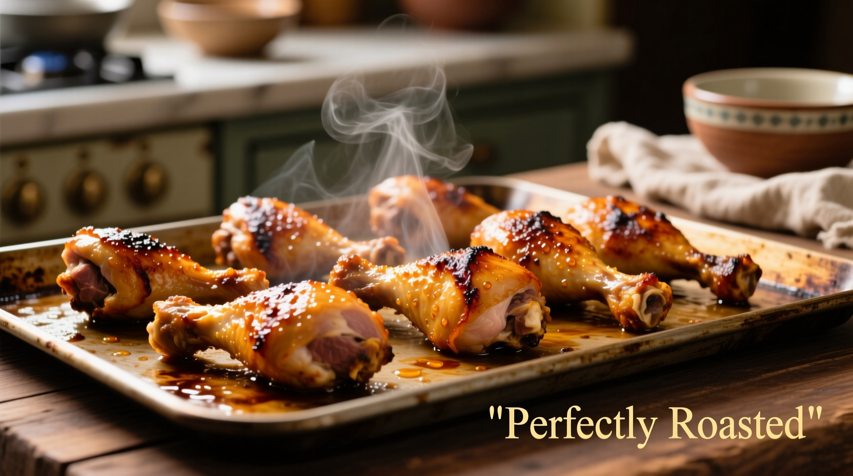 Perfectly roasted chicken drumsticks on baking sheet