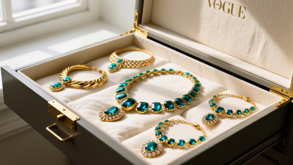 Open acid-free drawer displaying heavy gold and turquoise statement necklaces resting flat on unbleached cotton padding.