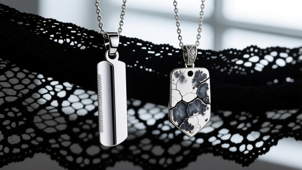 Macro shot comparing polished 316L surgical steel and oxidized sterling silver razor blade pendants on delicate black lace.