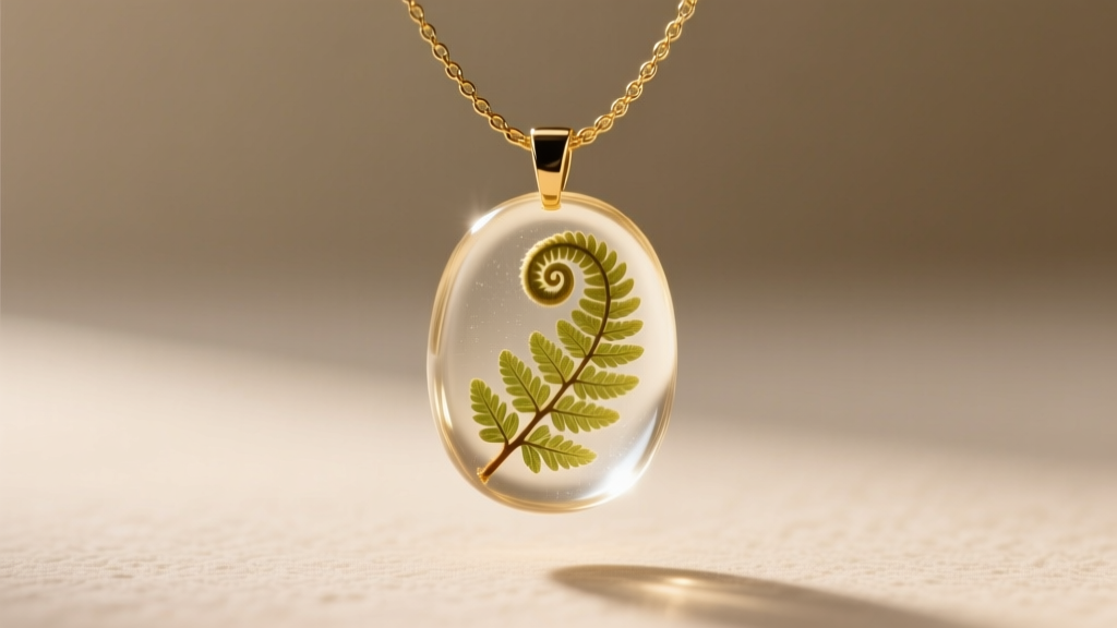 Macro shot of a translucent botanical resin pendant encasing a real fern leaf, suspended on a delicate gold vermeil cable chain.