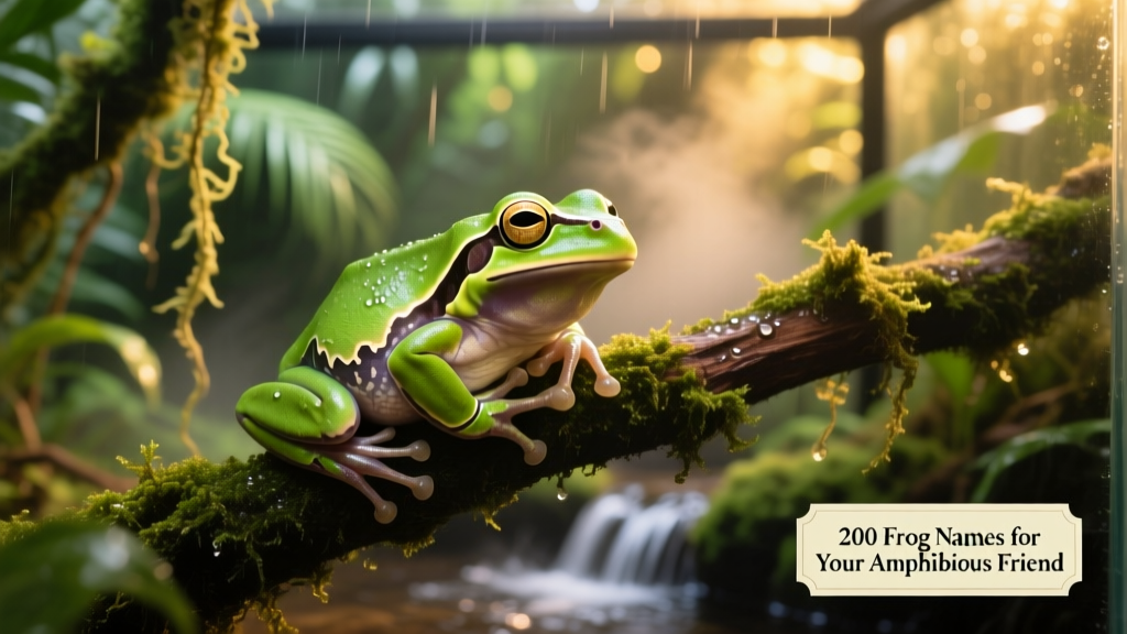 A vibrant green tree frog perched on a mossy branch in a lush terrarium