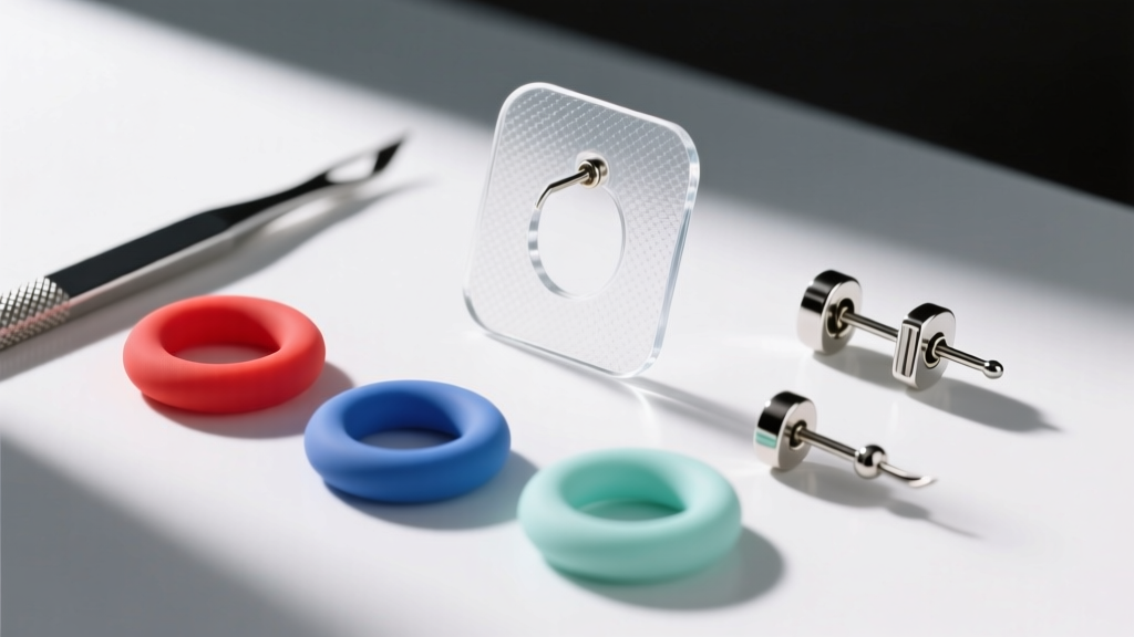 Flat lay of heavy earring tools including clear adhesive earlobe support patches, silicone O-rings, and locking metal earring backs.