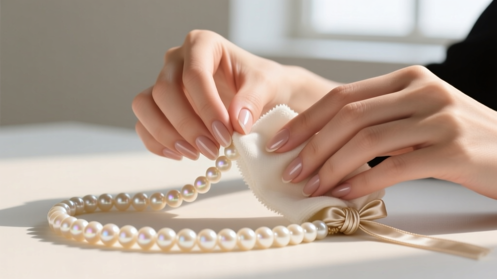 Hands gently wiping a strand of cream Freshwater pearls with a damp microfiber cloth, carefully avoiding the silk knotting