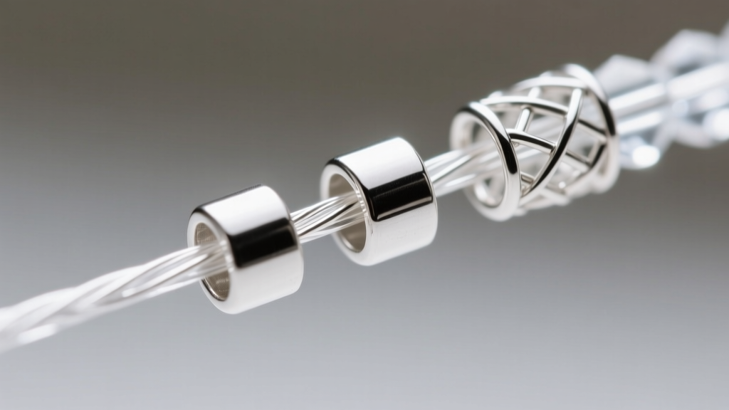 Close-up of 2x2mm sterling silver crimp tubes and a wire guardian being threaded onto clear 0.018-inch 49-strand beading wire