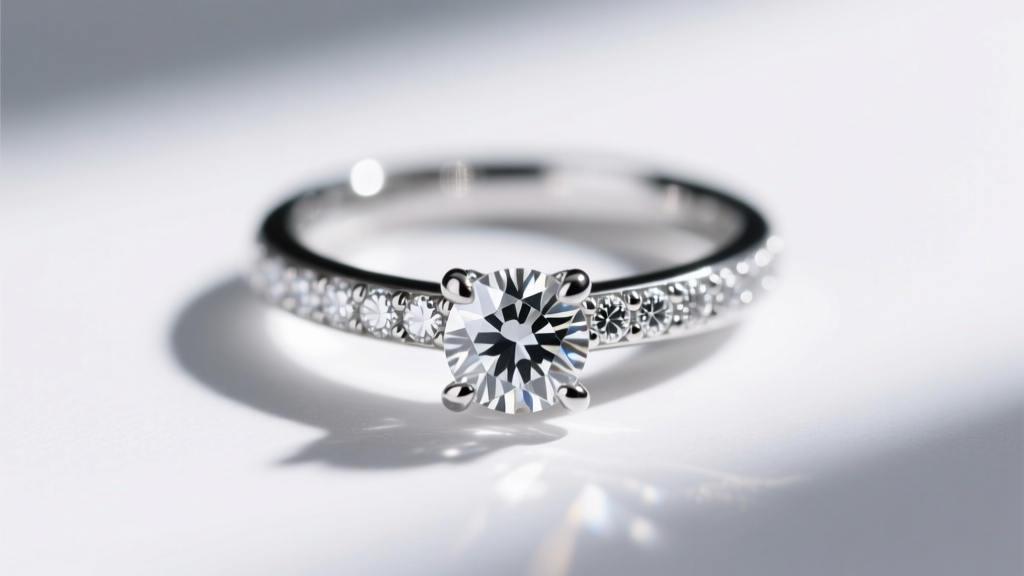 Macro shot of a platinum micro-prong diamond setting showing intricate metalwork and subtle lotion buildup between small pavé gems