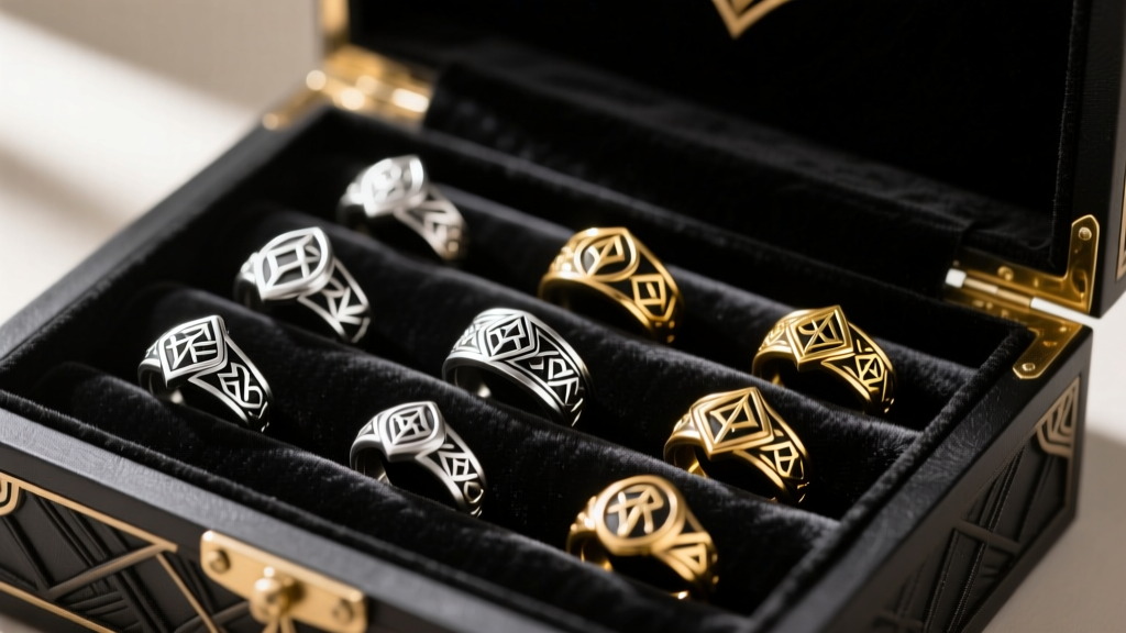 Open fantasy jewelry box showing anti-tarnish black velvet lining with ring rolls holding silver and gold RPG replica teleport rings