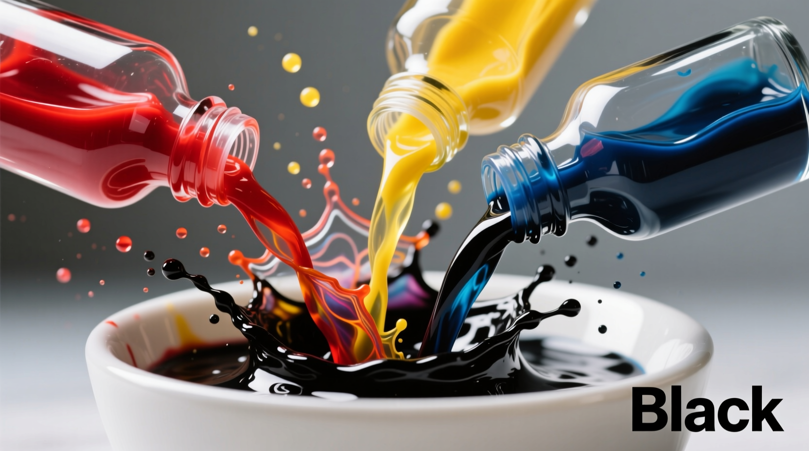 Food coloring bottles mixing black hue