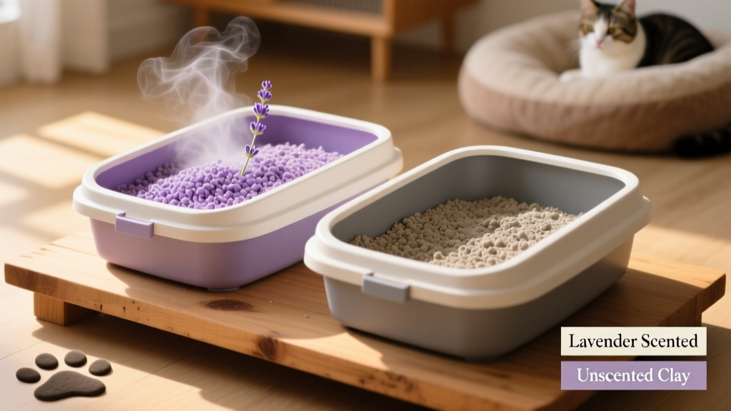 Close-up of two litter boxes side by side: one with lavender-scented clumping litter, the other with plain unscented clay litter