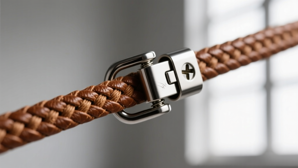 Macro shot of a stainless steel screw-lock clasp connecting a 3mm brown leather cord, highlighting the threading and secure fit.