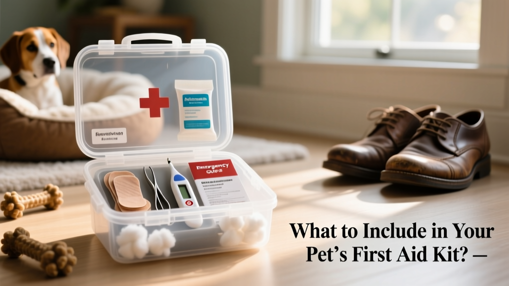 A neatly organized pet first-aid kit with labeled supplies in a waterproof container