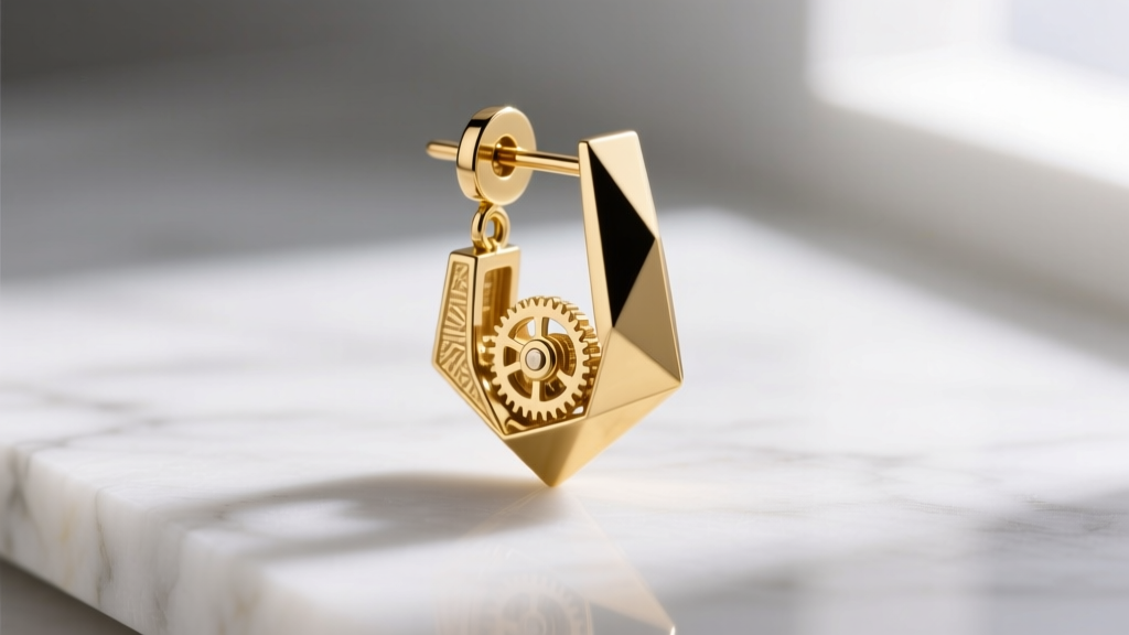 Detailed view of a geometric 14k gold dangle earring with a visible mechanical hinge and moving parts on a white marble surface