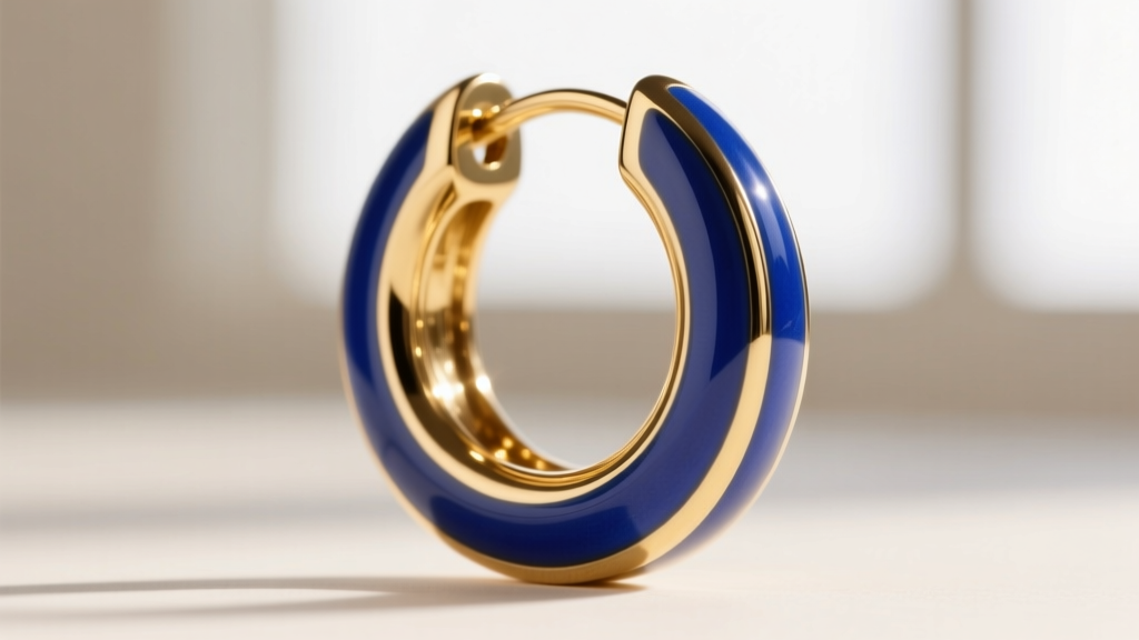 Macro close-up of a brass hoop earring showing the seamless transition between 14k gold plating and glossy cobalt blue enamel.