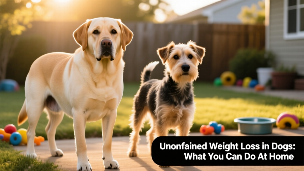 Side-by-side comparison of a healthy dog and one showing visible weight loss, highlighting rib definition and waistline