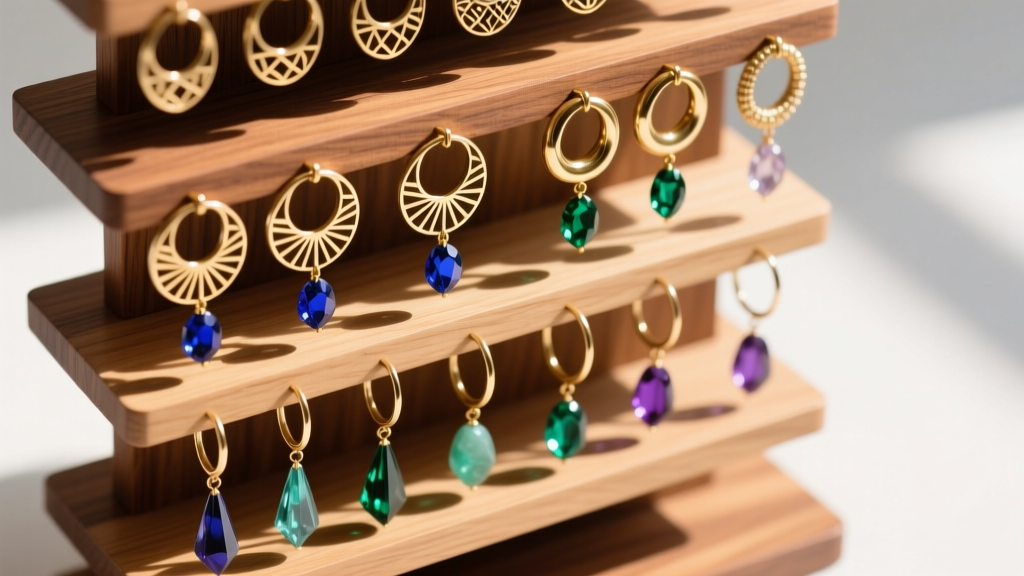 Top-down view of a multi-tiered wooden large earring organizer holding heavy brass statement hoops and long gemstone dangles