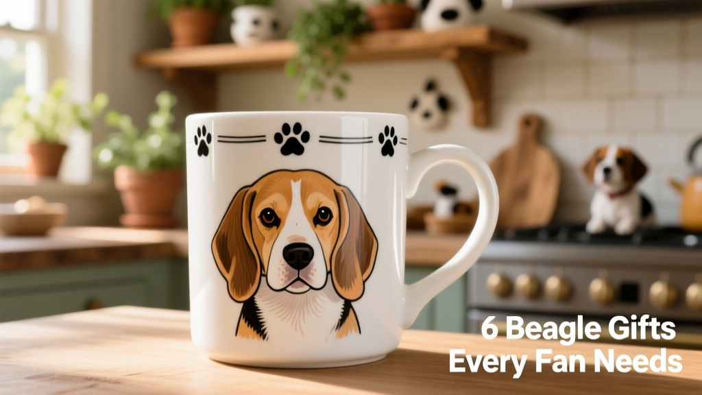A white ceramic coffee mug featuring a detailed hand-painted Beagle portrait on the front and subtle black paw prints along the inner rim