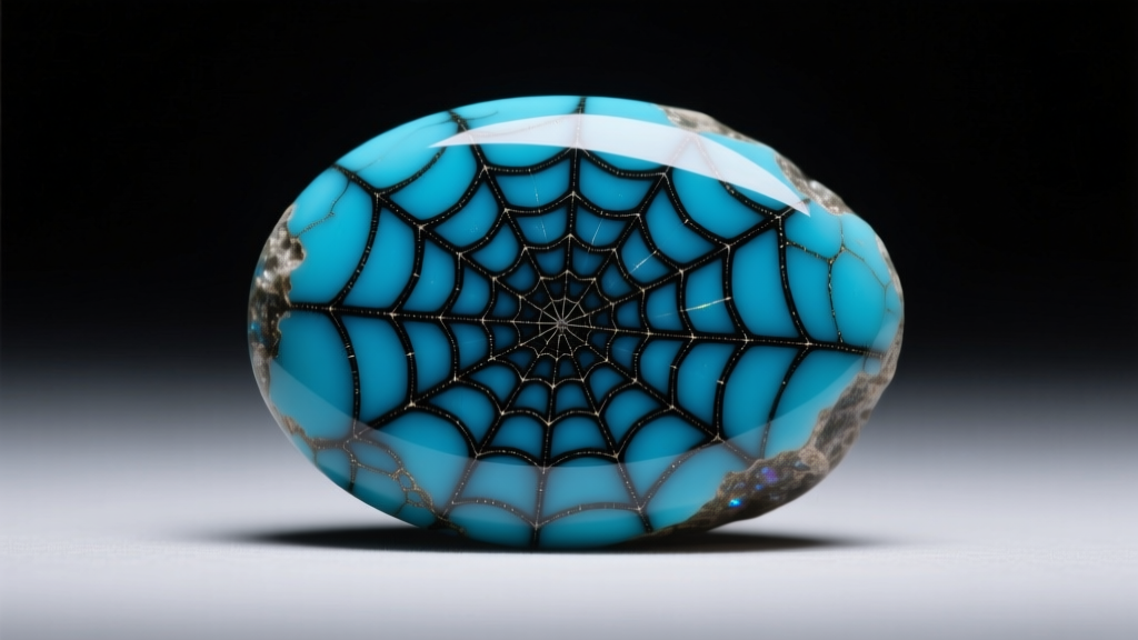 Macro photography of a raw Kingman turquoise cabochon showing intricate black spiderweb matrix against a dark velvet background.