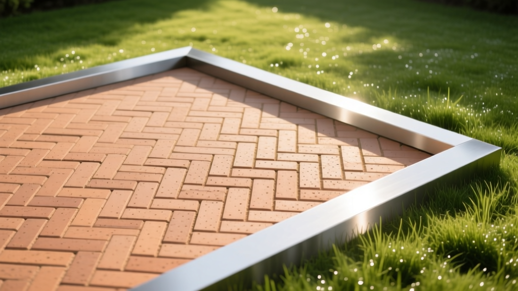 Overhead view of a herringbone clay brick patio with sanded joints, bordered by aluminum edge restraints and a lush green lawn