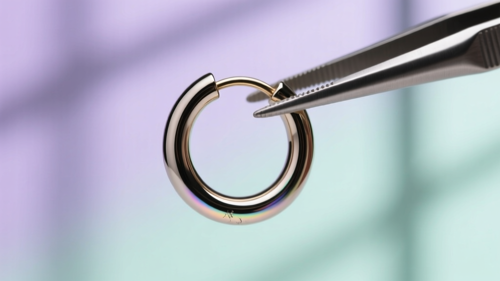 Macro shot of a 16-gauge niobium seamless hoop earring held by tweezers against a blurred pastel background, high detail lighting