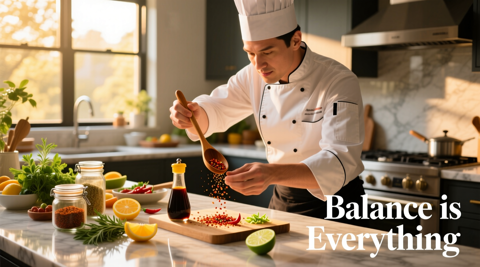 Chef balancing flavors in a kitchen