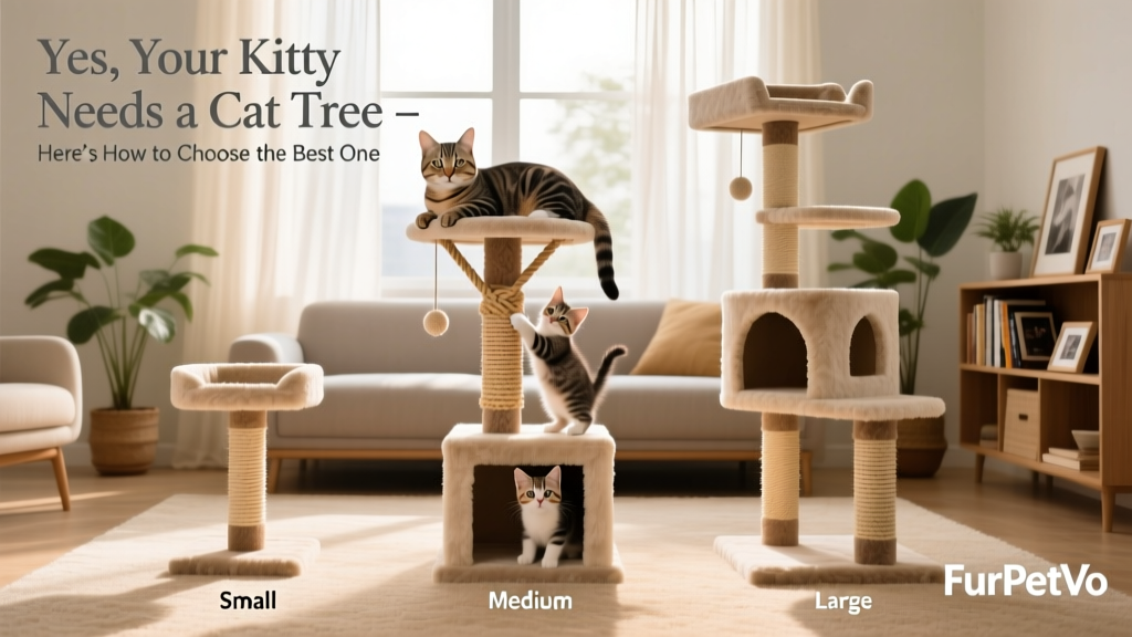 Side-by-side comparison of small, medium, and large FurPetVo cat trees in a living room setting
