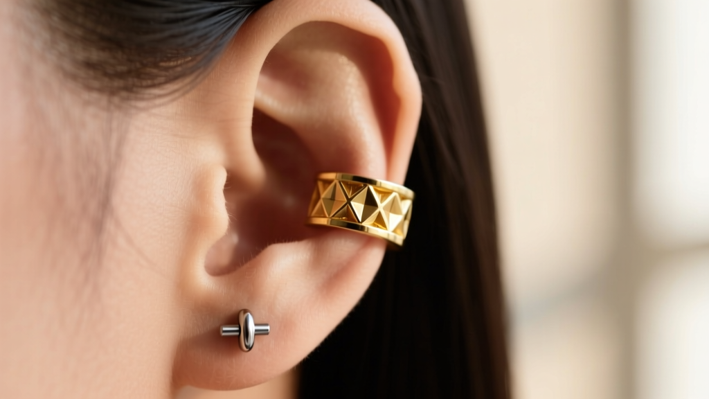 Close-up of a curated ear featuring an 18k gold helix cuff and 16-gauge titanium flat back labret in soft natural window light
