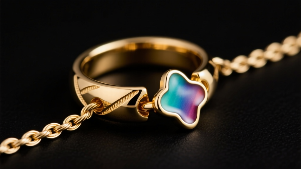 Macro view of a 14k gold split ring securing an enamel charm on a 2mm cable chain, lit by soft directional studio lighting