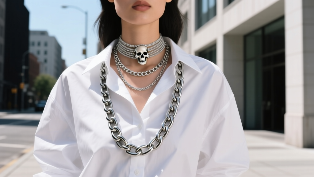 Street style photo of a layered micro-skull choker and heavy Cuban chain necklace worn over a crisp white oversized button-down