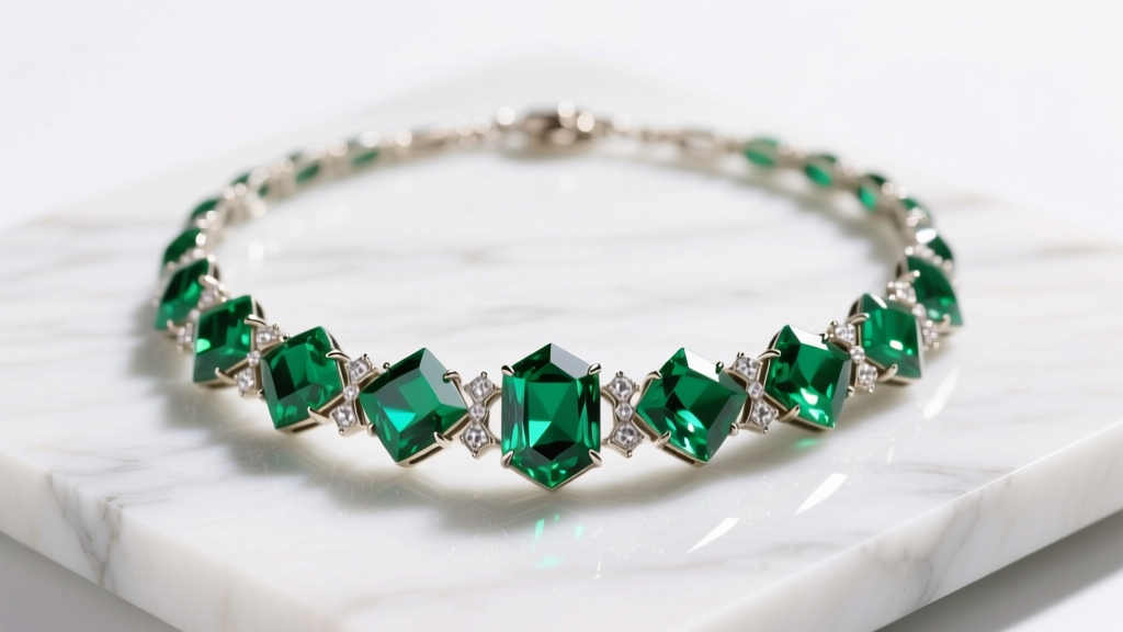 Art Deco vintage aventurine necklace with geometric green stone inlays and diamond accents on white marble under soft lighting.