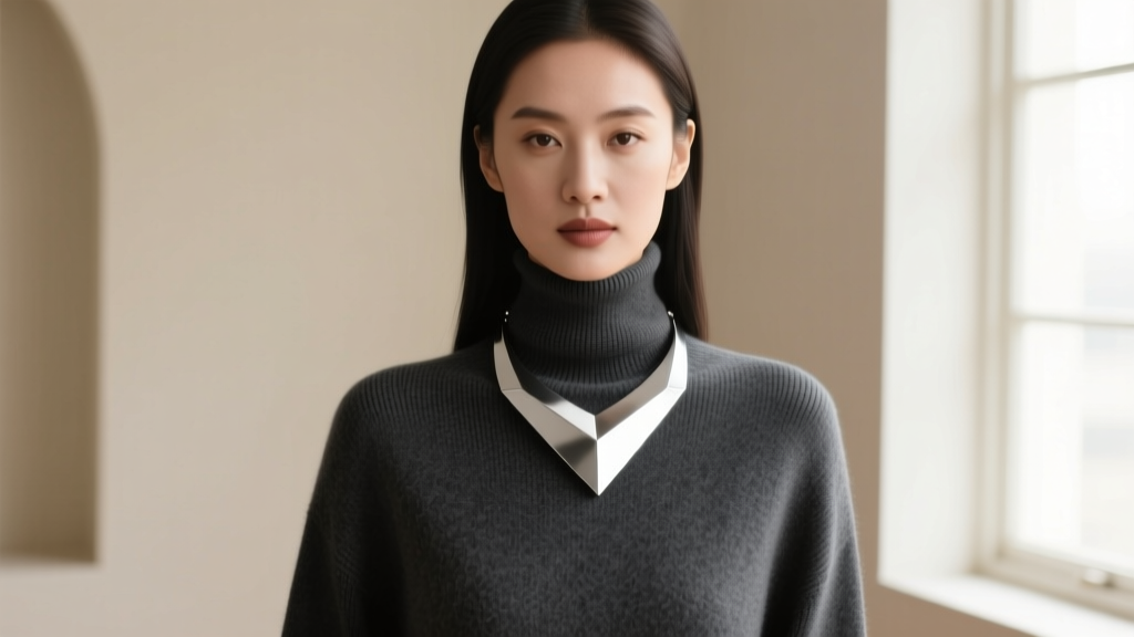 Woman wearing a silver geometric collar necklace over a dark grey wool turtleneck sweater in soft natural lighting, facing forward