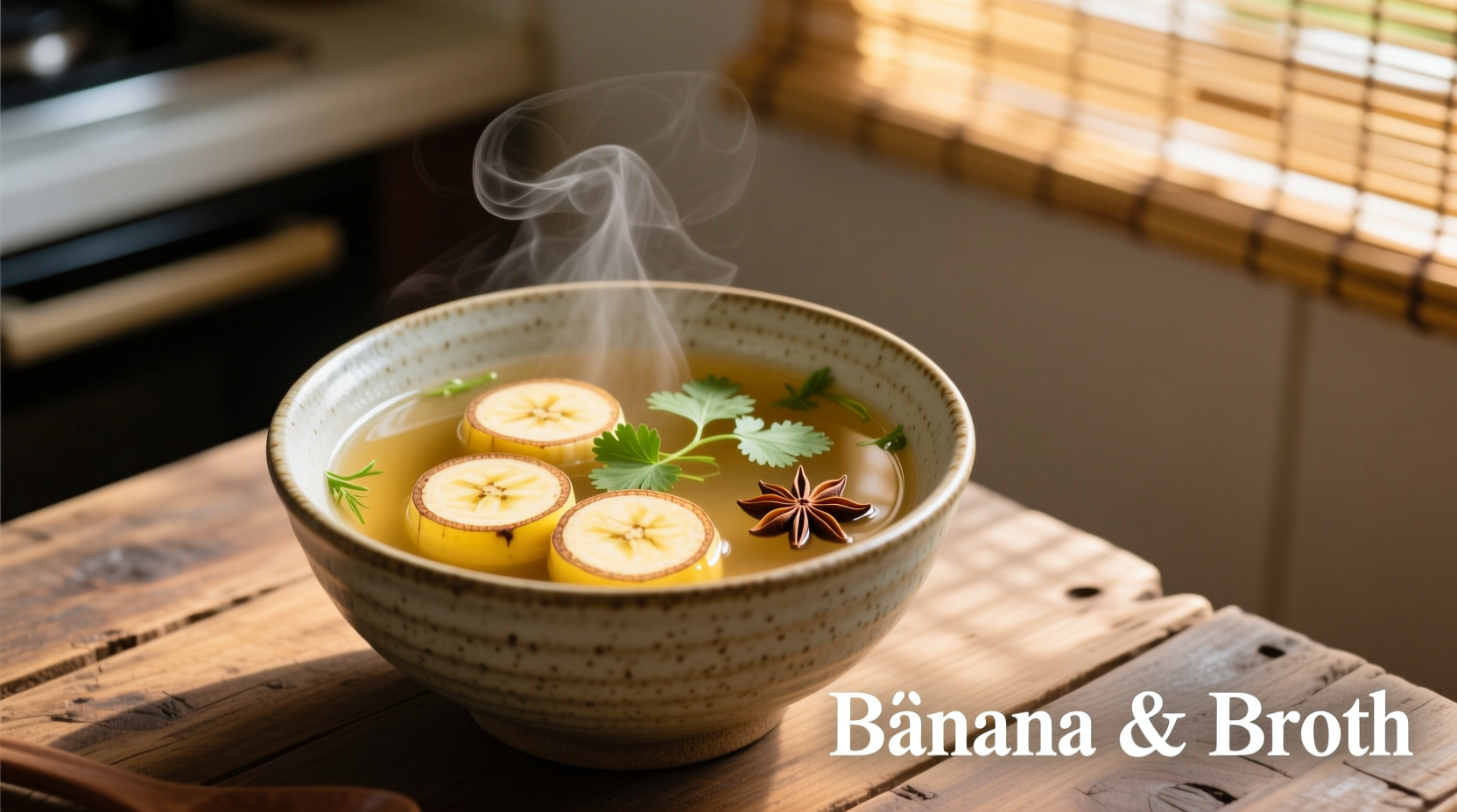 Bowl of rice with banana slices and clear broth