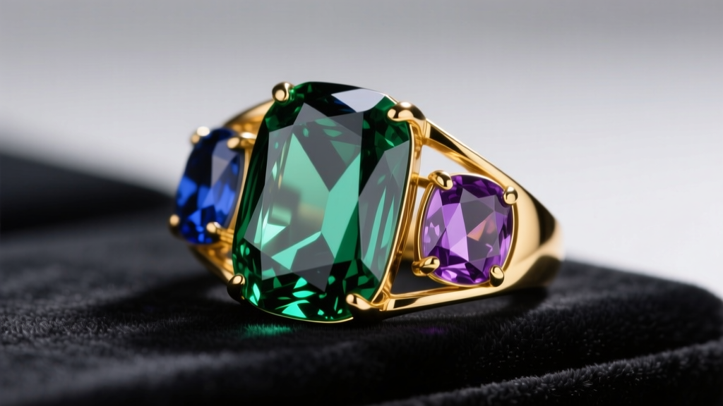 Macro shot of a gold-plated brass fashion cocktail ring with large resin stones on dark velvet under studio lighting.