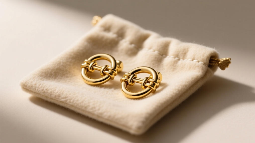 Gold horsebit earrings resting flat inside a soft beige flannel pouch, preventing the interlocking rings from scratching each other.