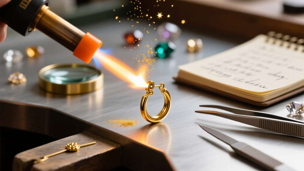 Jeweler workbench showing a bright soldering torch heating a 14k gold hoop earring post to attach a custom paddle clip-on metal back.