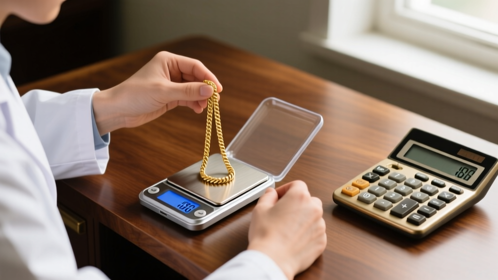 Jeweler using a digital pocket scale to weigh a delicate 18k gold cable chain, with a calculator visible on the wooden desk.
