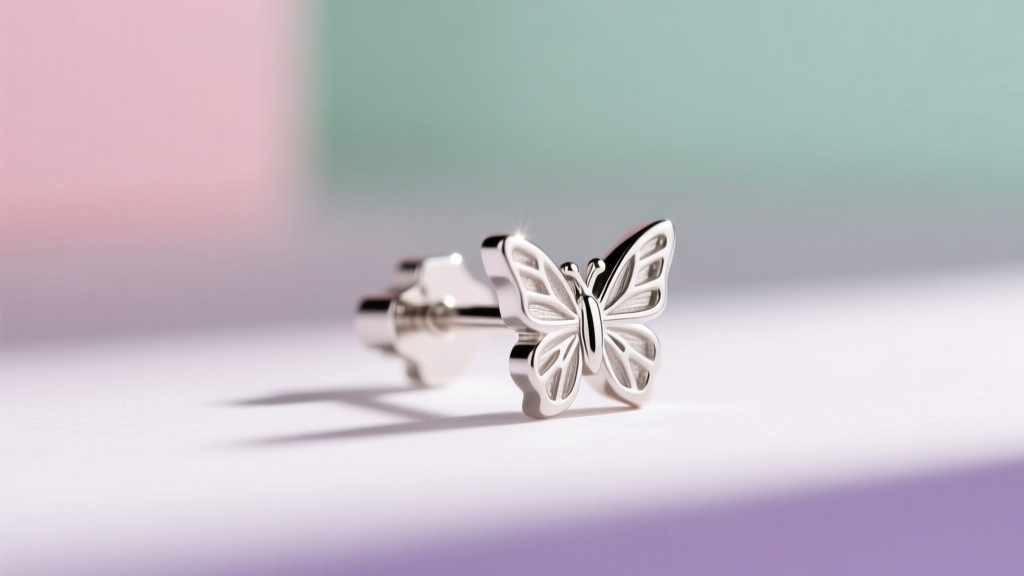 Close-up of a 20-gauge sterling silver RLL stud earring post with a butterfly back, shown against a blurred pastel background.