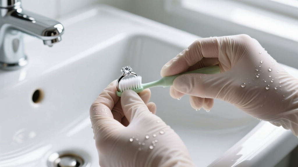 Hands in nitrile gloves gently scrubbing a diamond solitaire ring with an extra-soft baby toothbrush over a white ceramic sink
