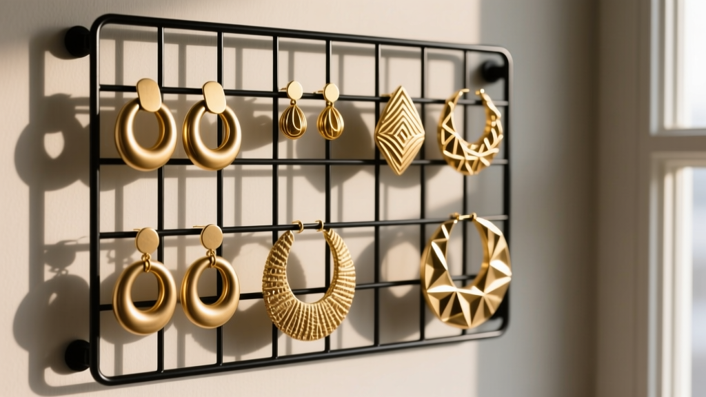Close-up of a black metal wire grid wall earring organizer holding thick brass huggies and large textured statement hoop earrings.
