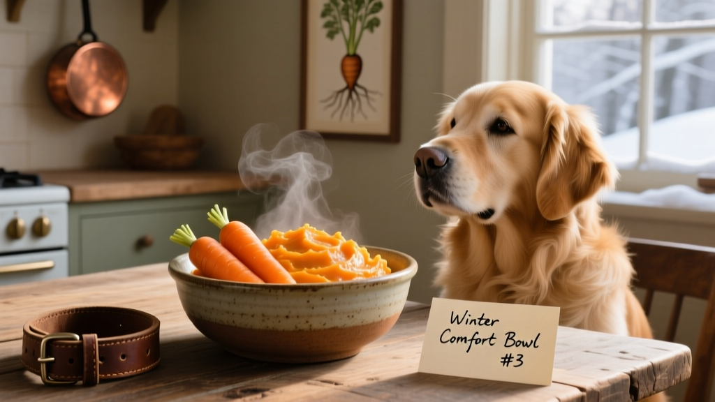 Steamed orange carrots mashed in a small bowl, ready as a dog treat