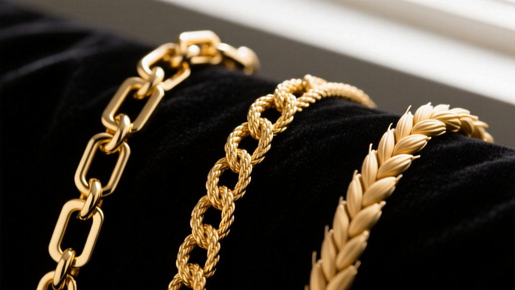 Macro shot of three distinct gold chain links side-by-side: a box chain, rope chain, and wheat chain resting on dark velvet.