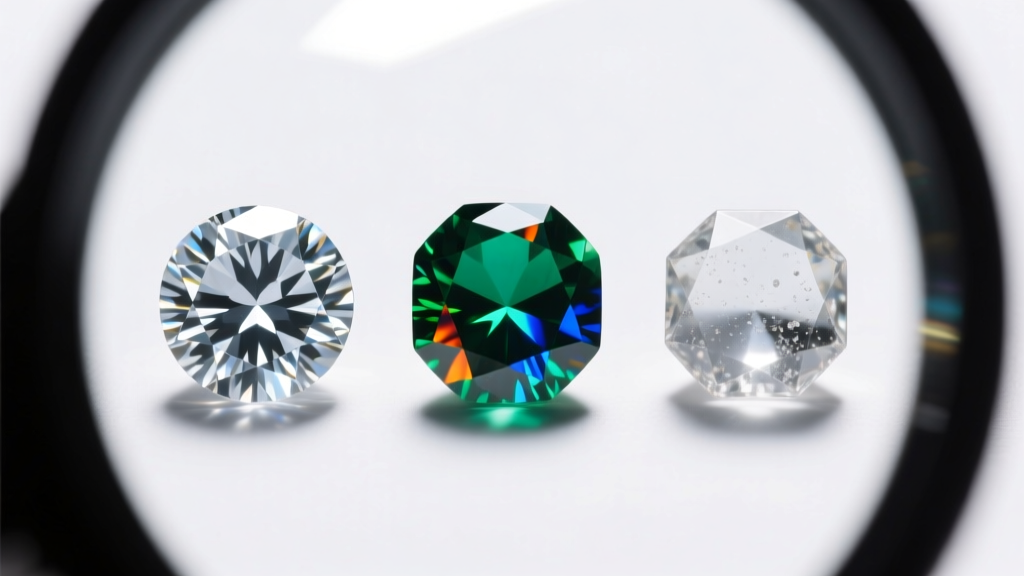 Loupe view of three 1.5mm stones side-by-side: a brilliant diamond, a fiery moissanite, and a slightly cloudy cubic zirconia gem