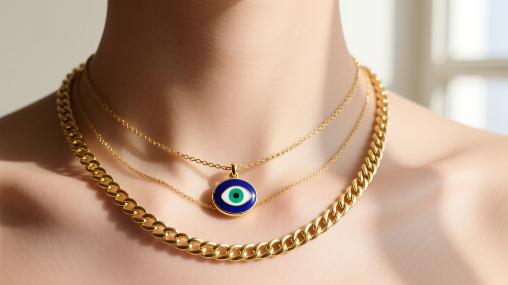 Layered necklaces with small enamel evil eye pendant on 16-inch chain paired with 18-inch gold herringbone chain on collarbone
