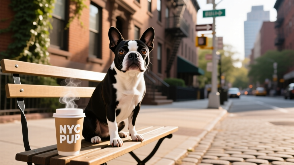 A cheerful Boston Terrier sitting on a sunny city sidewalk with a coffee cup nearby