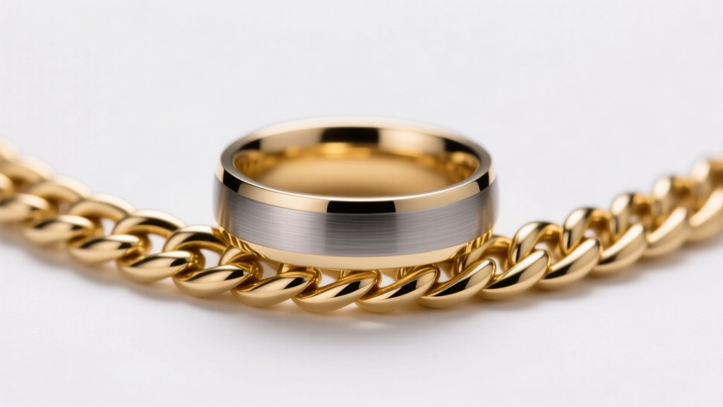 Close-up of a heavy tungsten wedding band resting on a thick 14k yellow gold wheat chain necklace, soft studio lighting.