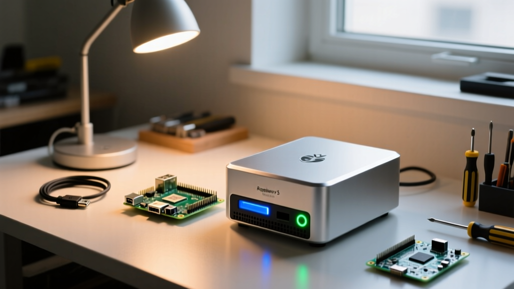 A cluttered maker workbench featuring a Raspberry Pi 5 and an aluminum NAS enclosure, illuminated by a warm desk lamp and glowing status LEDs.