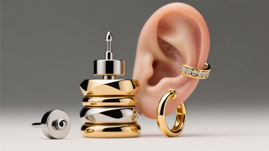 Close-up of a curated ear stack with implant-grade titanium flat-back labrets and delicate gold hoops under soft studio lighting
