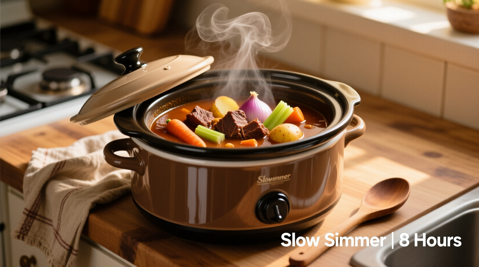 Slow cooker simmering beef stew with vegetables