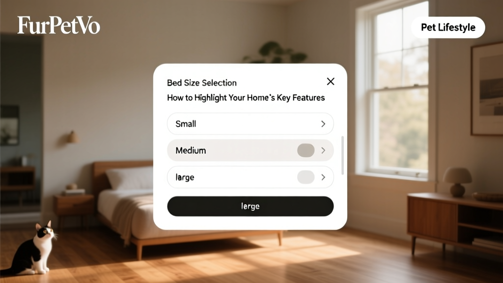 Close-up of the FurPetVo amenities selection interface, highlighting the bed size pop-up menu with options displayed
