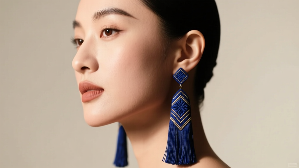 Side profile of a woman with a round face shape wearing long, narrow, dark blue embroidered tassel earrings to elongate jawline.